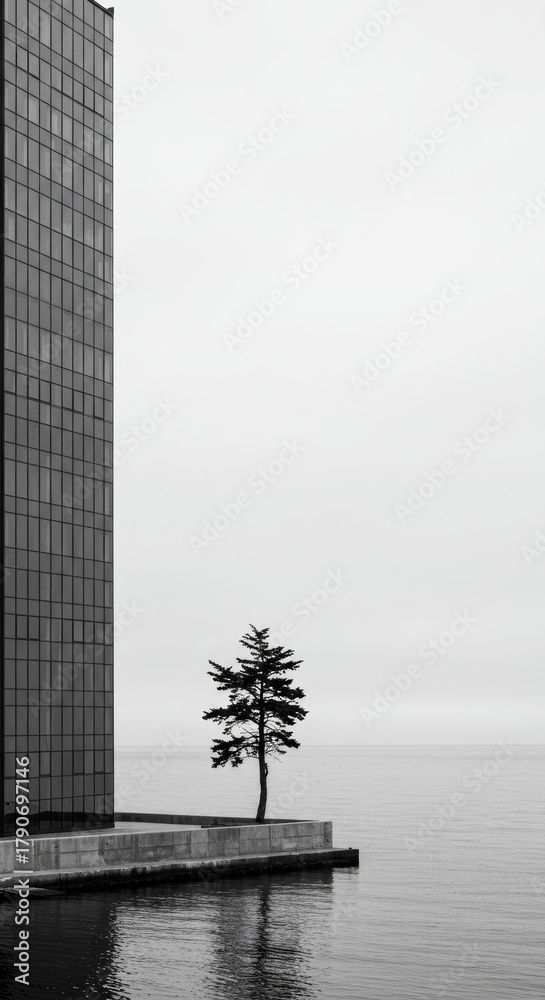 Fototapeta premium Tree stands beside modern architecture on waterfront