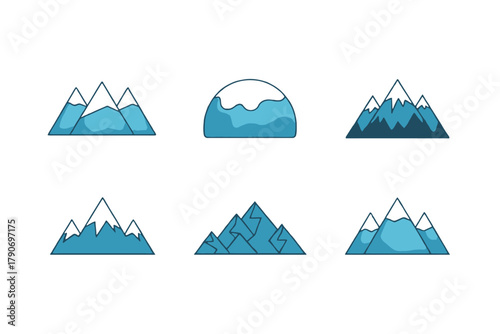 A collection of six stylized mountain illustrations in various blue tones.