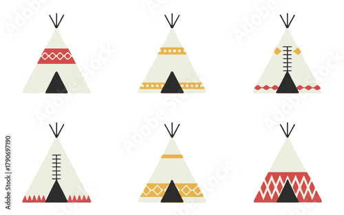 Six stylized teepee illustrations with geometric patterns on a white background.