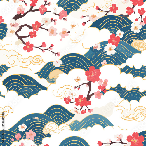 Seamless Japanese pattern with cherry blossoms, blue waves, and golden clouds on a white background.