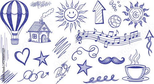 Blue Pen Doodle Collection on Grid Paper drawing hot air balloon