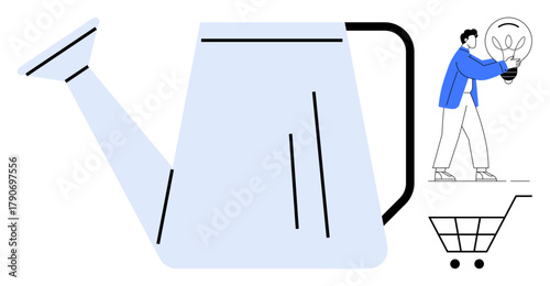 Large watering can foregrounds small figure placing a bright lightbulb into a shopping cart. Ideal for creativity, innovation, inspiration, growth, entrepreneurship, sustainability, simple flat