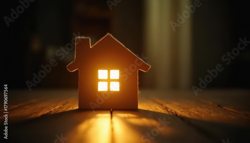 House Silhouette Cutout with Warm Light Wooden Surface