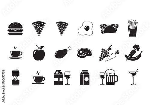 Food and drinks set icons for menu, infographics, design elements – stock vector