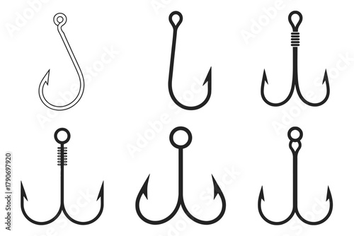 Six fishing hooks are displayed in two rows of three on a white background.