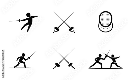 A collection of icons representing the sport of fencing and its equipment.