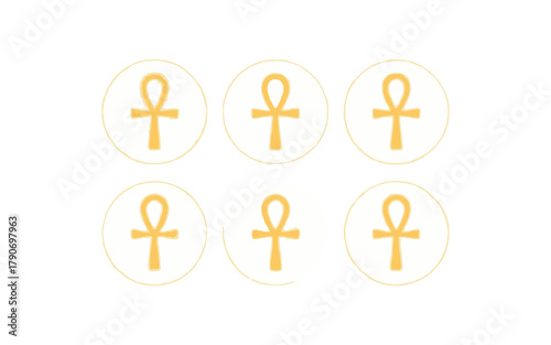 Six golden ankh symbols are arranged in two rows against a white background.