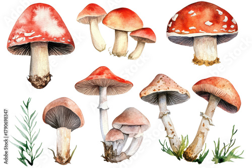 Collection of soft watercolor mushrooms with vibrant colors and unique shapes displayed artistically on a white background