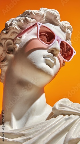 Statue in Sunglasses Close Up Shot Against Orange Background Cool Summer Vibes Fashion Forward Art