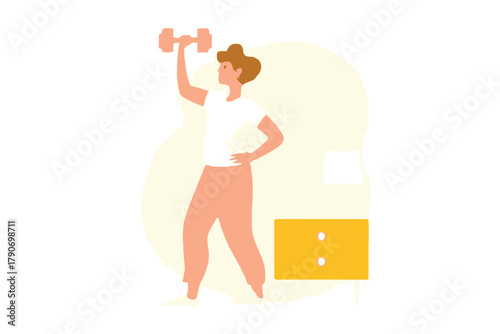 A person is lifting a dumbbell while exercising in a room.