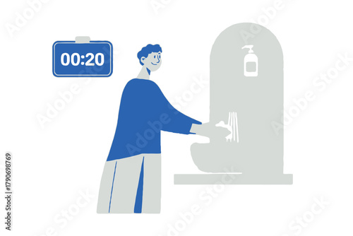 Person washing hands with timer indicating 20 seconds for effective hygiene.