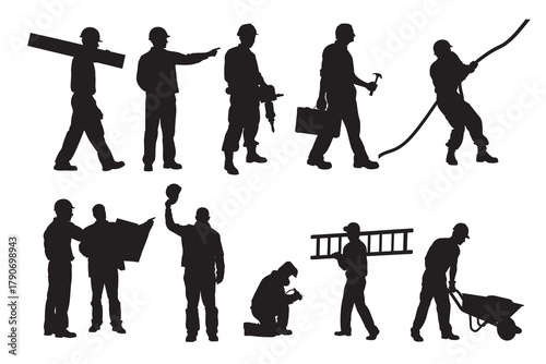  Silhouette Set of Construction Workers, Builders, Engineers, and Handymen at Work Vector  