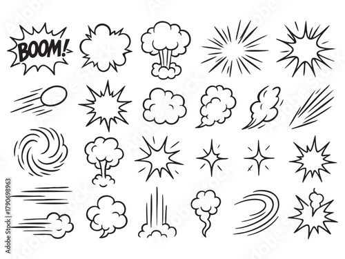 Comic cartoon line explosive effect, speed burst motion element set. 