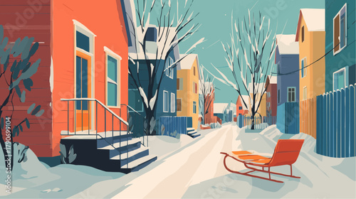 Wooden sled standing in a quiet snowy village alley, vector for winter packaging, poster or seasonal decor, simple cozy composition