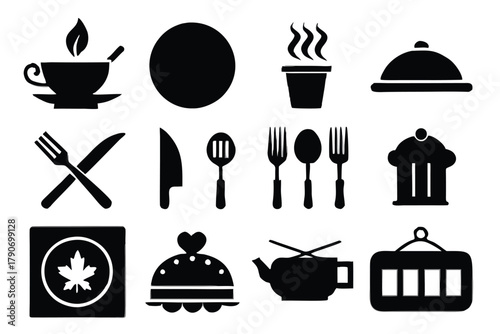 Food icons set, plate, fork, knife and spoon, set logotype menu, cutlery icon, tableware sign, catering icons, restaurant signs