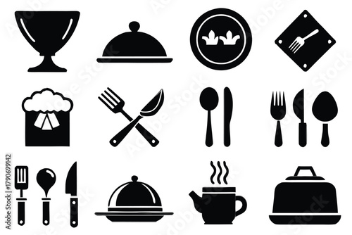 Food icons set, plate, fork, knife and spoon, set logotype menu, cutlery icon, tableware sign, catering icons, restaurant signs