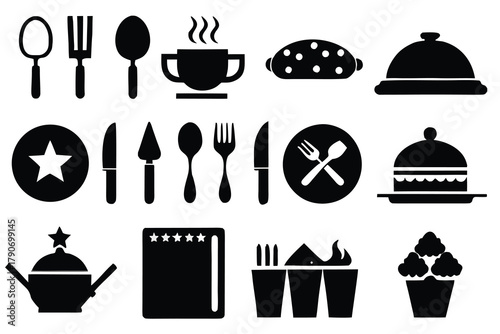 Food icons set, plate, fork, knife and spoon, set logotype menu, cutlery icon, tableware sign, catering icons, restaurant signs