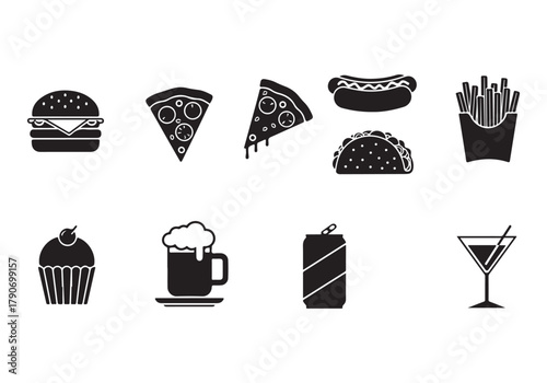 Food and drinks set icons for menu, infographics, design elements – stock vector