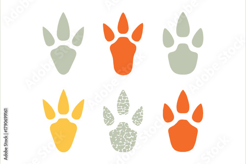 Six colorful animal paw prints are displayed on a white background.