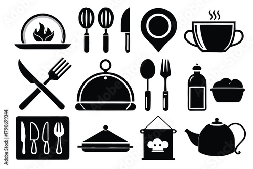 Food icons set, plate, fork, knife and spoon, set logotype menu, cutlery icon, tableware sign, catering icons, restaurant signs