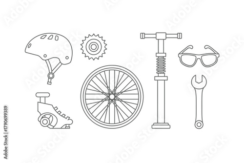 A collection of bicycle repair and safety equipment is arranged on a white background.