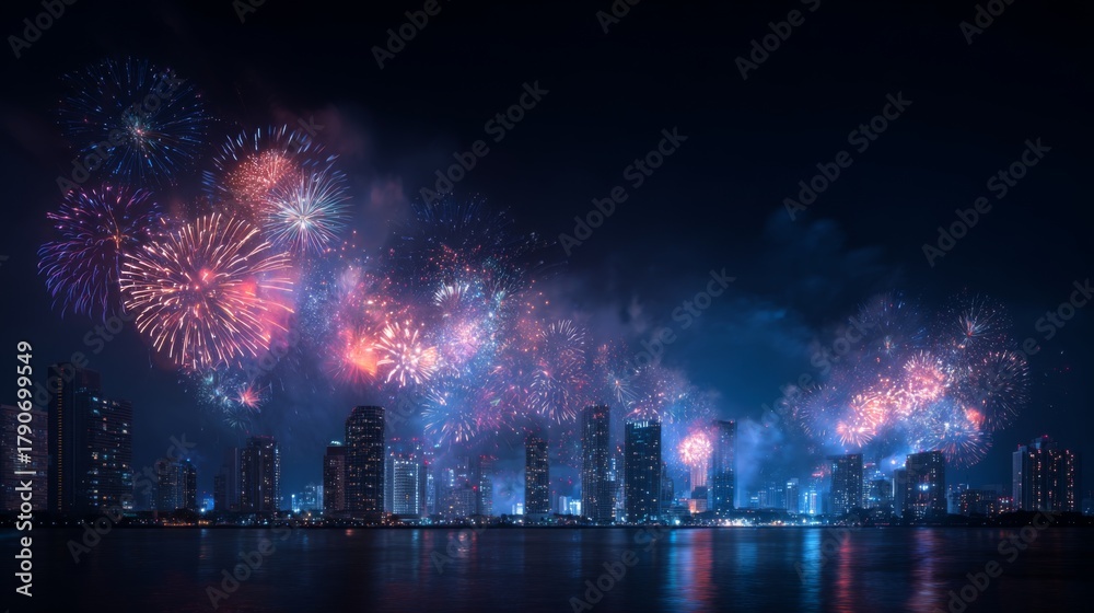 Obraz premium Vibrant Fireworks Display Over Modern City Skyline on New Year's Eve Night