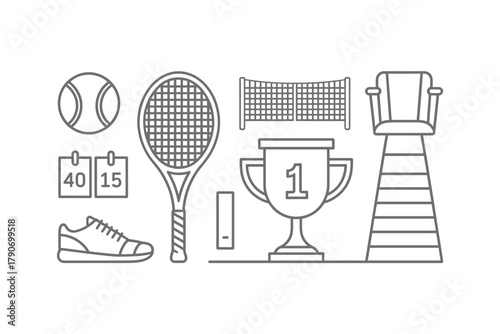 A collection of line art icons representing tennis equipment and achievements.