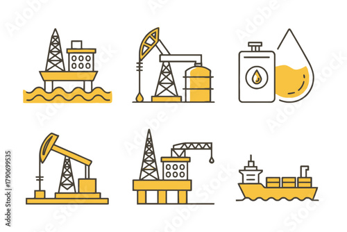 Icons representing the oil and gas industry, including offshore platforms, pump jacks, and tankers.
