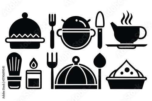 Food icons set, plate, fork, knife and spoon, set logotype menu, cutlery icon, tableware sign, catering icons, restaurant signs