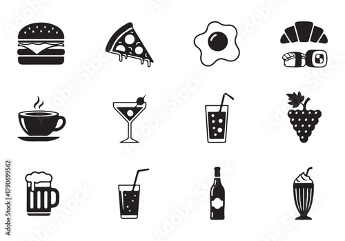Food and drinks set icons for menu, infographics, design elements – stock vector
