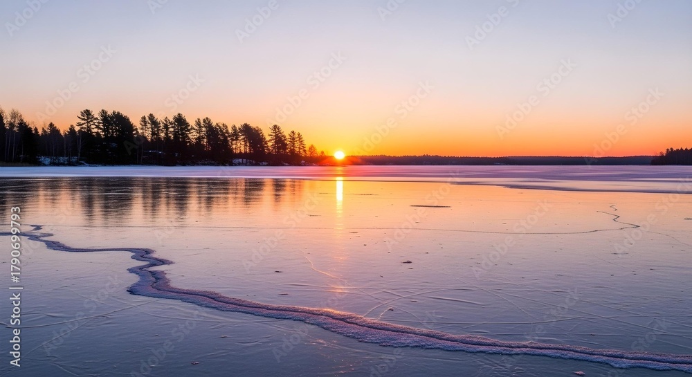 Obraz premium Portrait of a sunset in a landscape on a frozen lake.