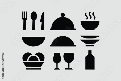 Food icons set, plate, fork, knife and spoon, set logotype menu, cutlery icon, tableware sign, catering icons, restaurant signs