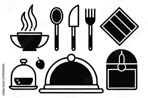 Food icons set, plate, fork, knife and spoon, set logotype menu, cutlery icon, tableware sign, catering icons, restaurant signs