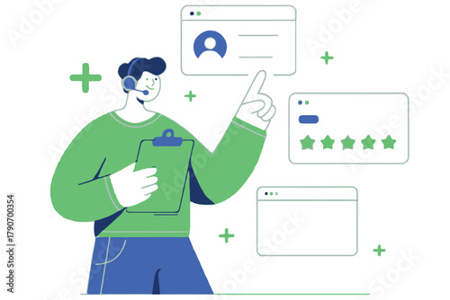 A customer service representative is interacting with a digital interface, reviewing data.