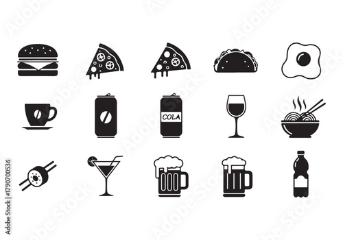 Food and drinks set icons for menu, infographics, design elements – stock vector