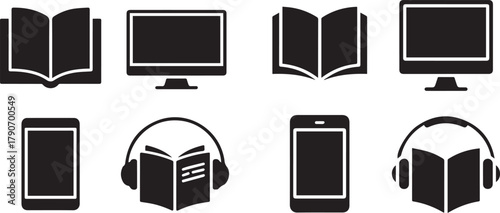 Black and white icons depicting books tablets monitors and books with headphones