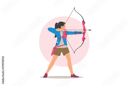 A young woman aims a bow and arrow during an archery competition.