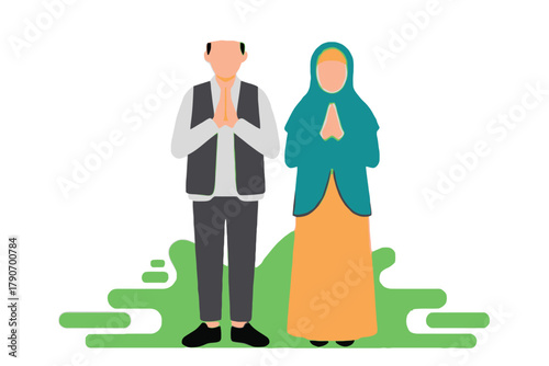 A man and woman stand together with hands in a greeting gesture.