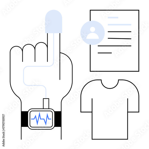 Hand wearing smartwatch tracking heart rate, finger on scanner, user profile icon with document, and shirt outline. Ideal for healthcare, fitness, biometrics, wearable tech, monitoring identity