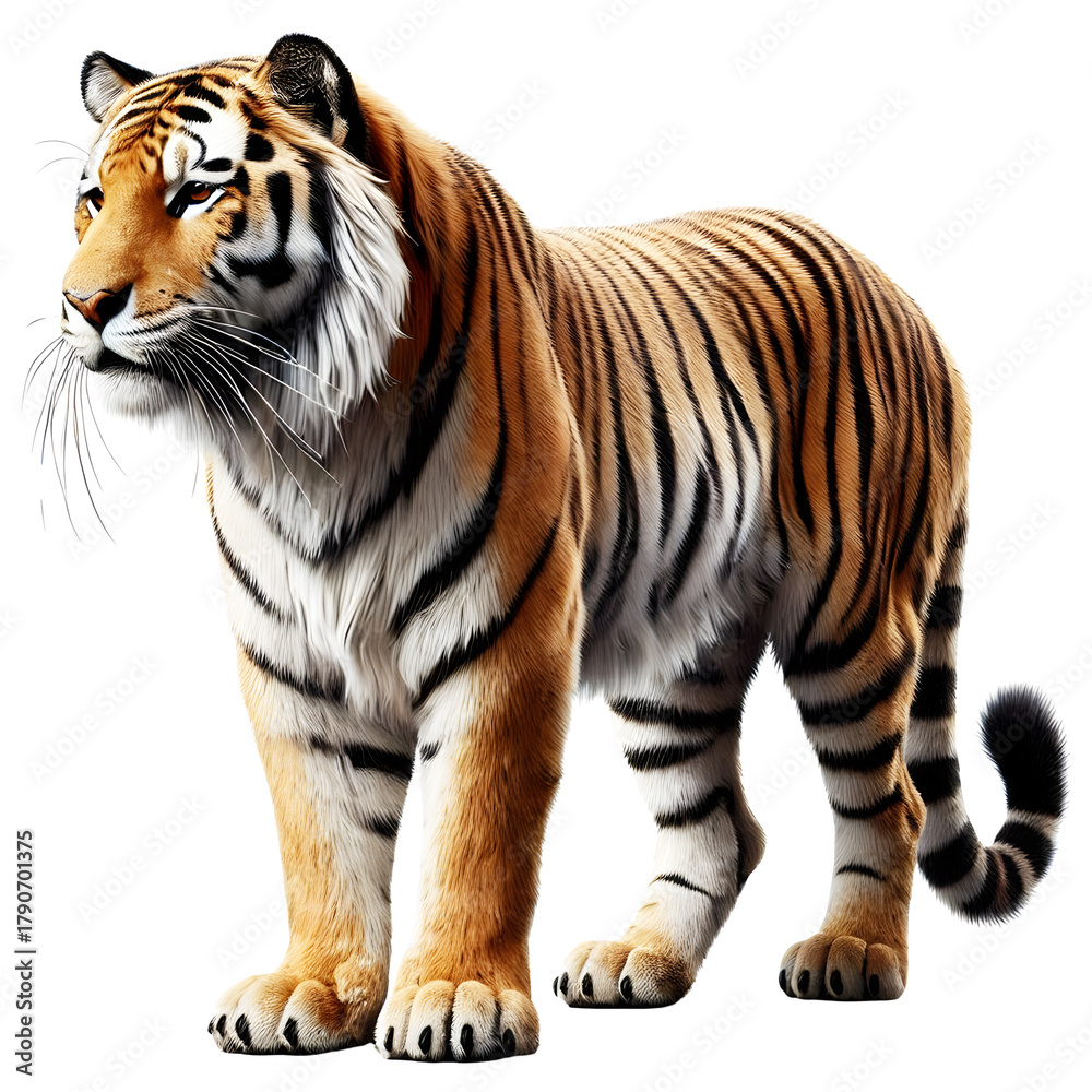 Obraz premium Tiger PNG isolated on a Transparent background, Side view, tiger standing full body HD image generated by Ai. 