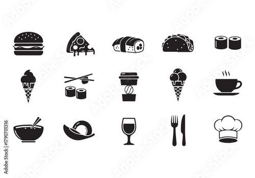 Food and drinks set icons for menu, infographics, design elements – stock vector