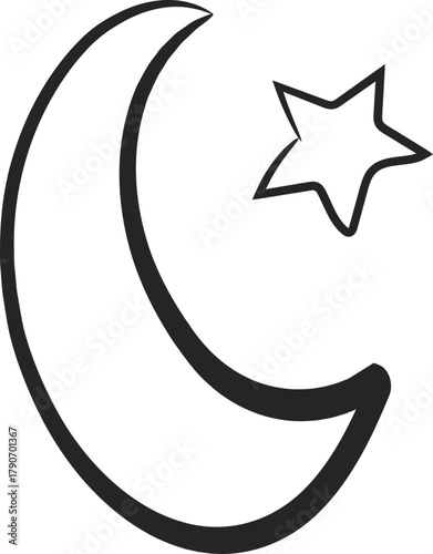 Bold Crescent Moon and Star Icon Black and White Vector