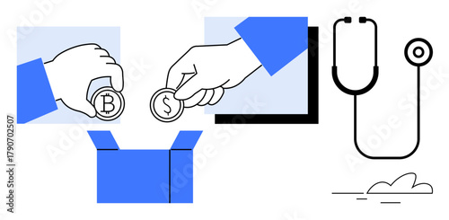 Hands placing currency coins into a box with a stethoscope nearby, emphasizing healthcare funding. Ideal for charity, donation, digital currency, healthcare support, crowdfunding, finance, saving
