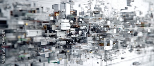 Abstract Data Visualization of Complex System in Low Angle Shot with Depth of Field; Illustrative of Technology and Information