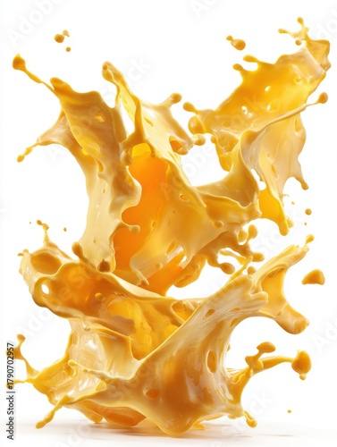 Abstract close-up of vibrant yellow liquid splash against a white background, dynamic motion, studio shot, food concept
