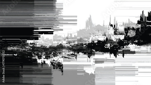 Obraz na plátně Abstract city skyline with digital glitch effect and fragmented urban landscape isolated on white background, Vector, illustration