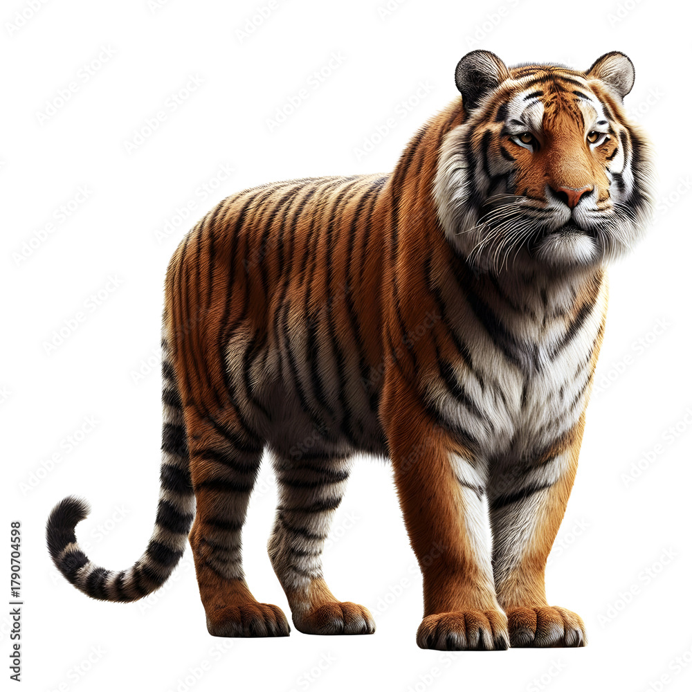 Obraz premium Tiger PNG isolated on a Transparent background, Front Side view, tiger standing full body HD image generated by Ai. 