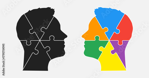 Head woman and man made puzzle pieces, education