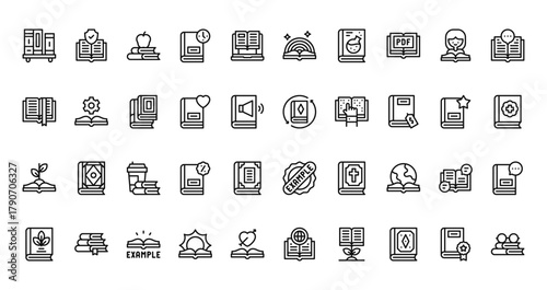 40 set of outline web books and reading icons such as book, fantasy book, bookmark, reload, growth, example, book vector thin icons for report, presentation, diagram, web design, mobile app