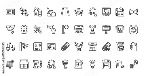 40 set of outline web smart city icons such as wristwatch, smart drone, fire alarm, climatization, electric bus, drone delivery, solar energy vector thin icons for report, presentation, diagram, web